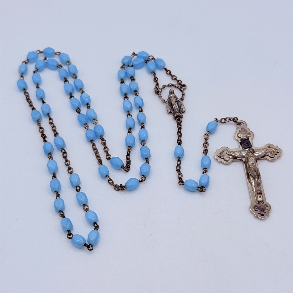 Vintage Blue Glass Beaded Rosary Necklace Silver Cross 18.5" Christianity Italy
